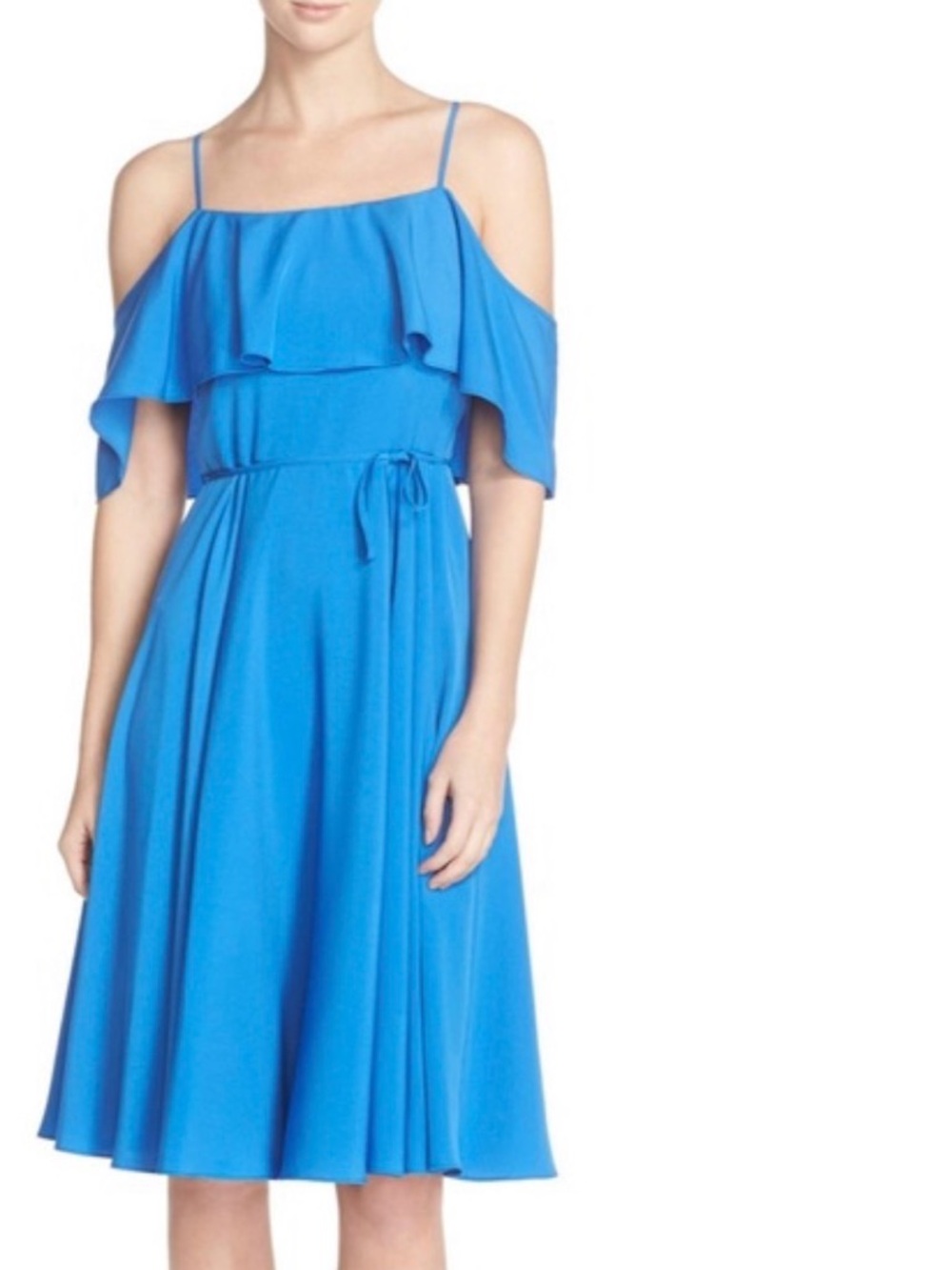 CeCe Bright Blue Cold-Shoulder Ruffle Midi Dress